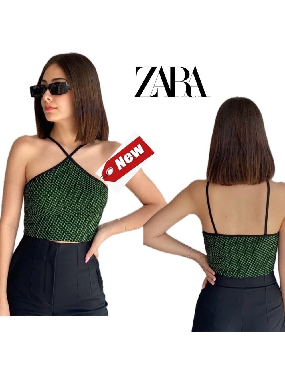 Zara green black printed knit halter top festival crop top stretchy Sz M-L NWT